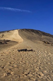 Sand dune under a clear blue sky, Pajara, Fuerteventura, Canary Islands, Spain
