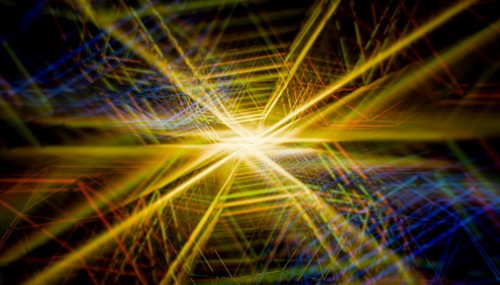 This image features a 3D render of dazzling, multi-colored light beams interconnected in a dynamic