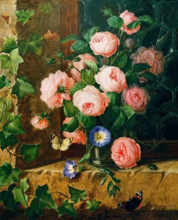 Floral still life, roses and butterflies on a windowsill in a pastoral scene, painting by Josef