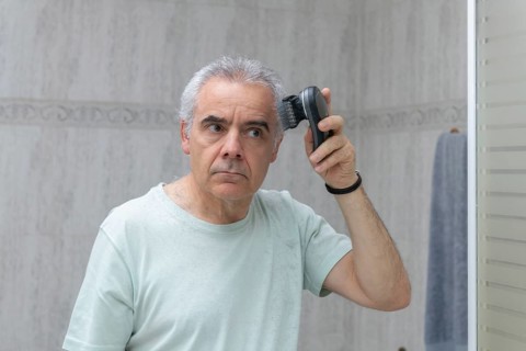 Mature man using an electric clipper to trim his hair at home. He focuses on achieving a neat and