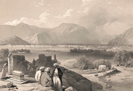 Afghan men at Kaga-Suffa cemetery overlooking the city of Kabul, Afghanistan, First Anglo-Afghan