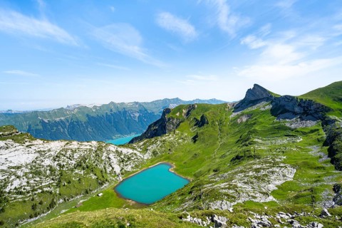 Mountain landscape with Lake Brienz and Lake Sägistal, Bernese Alps, Bernese Oberland, Switzerland