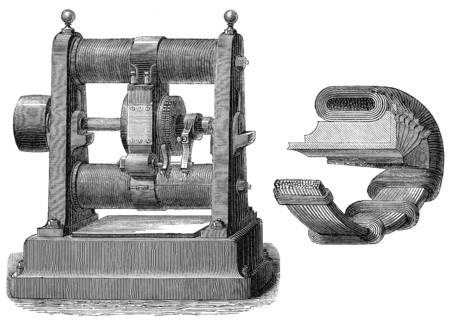 Die Gramme-Maschine, eine Art Gleichstromdynamo, von Zénobe Théophile Gramme, 1826-1901, einem
