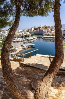 The village of Agios Nikolaos, in the eastern part of Crete, view over Lake Voulismeni, connected