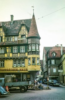 Historic buildings in a street of the old town of Tübingen, Swabia, Germany, Europe 1959