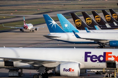 Cologne-Bonn airport, CGN, air freight center, UPS Logisic Hub, UPS cargo aircraft on the apron,