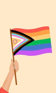A vibrant Pride flag is held aloft by a hand with painted nails, symbolizing diversity and