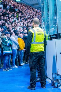 A security guard stands in front of a large group of spectators in the stadium, Heilbronner Falken