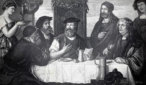Nuremberg masters at a table, Peter Vischer, Eoban Hesse, Hans Sachs, Albrecht Dürer, Willibald