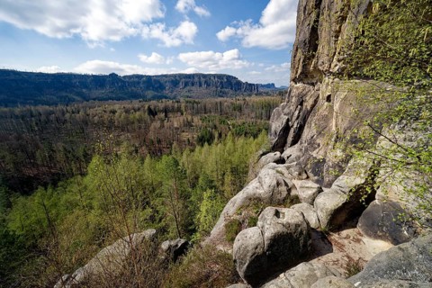 View from natural arch Kuhstall am Neuen Wildenstein, natural wonder, national park, hiking