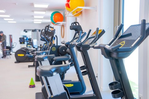 Row of modern treadmills in gym with colorful balls in the background, medical center in the new