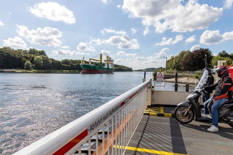 On the Pillau canal ferry across the Kiel Canal, waiting for a passing ship, Sehestedt,