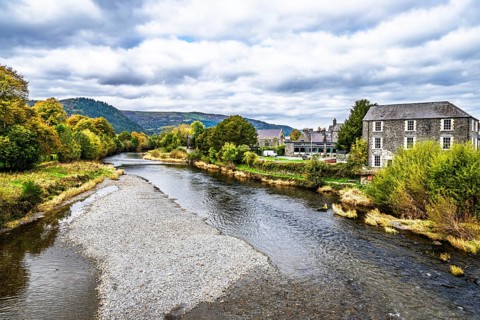 Autumn colors over Llanrwst, River Conwy, Conwy County Borough, Wales, UK