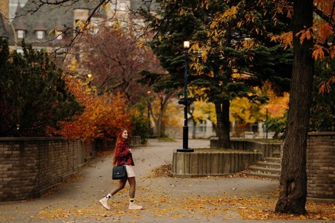 A woman strolls down a tree-lined path in Montreal, surrounded by vibrant autumn leaves. The scene