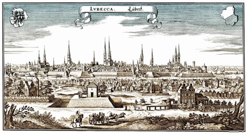 Panoramic view of Luebeck, 17th Century, Germany, Europe, Historische Zeichnung, Stadtansicht aus