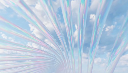Iridescent streaks gracefully flow against a vibrant blue sky with scattered clouds, evoking a