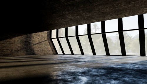 Minimalist interior and empty with featuring large, slanted windows. Natural light and geometric