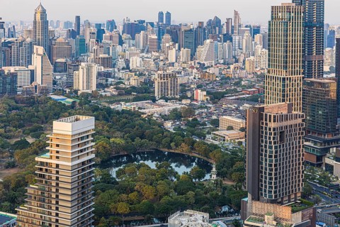 Over the rooftops of Bangkok, view from the Moon Bar on the roof terrace of the Banyan Tree Hotel,