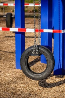 Children's playground in Stadtgarten closed due to corona pandemic contact ban, Essen, Ruhr area,