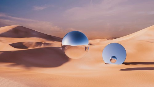 Explore a surreal desert landscape where smooth metallic spheres reflect the warm light in a