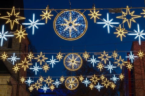 Garlands with Christmas lights over the pedestrian zone, city of Essen, Ruhr area, North