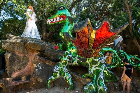 Colourful sculptures made of glass and mirrors, Giardino dei Tarocchi, Garden of Tarot, by Niki de