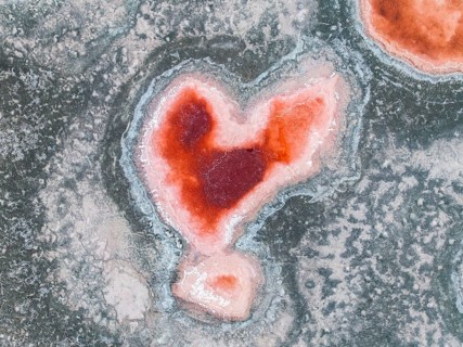 Top view, an aerial view captures a unique heart shaped salt formation in the Salar de Antofalla,