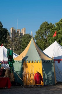 Colourful round tents, medieval market, medieval week, fortified defence tower, former Hanseatic