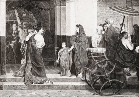 Ancient Roman street scene in front of a theater