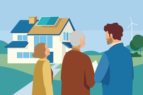 Two real estate agents engage with older clients while showcasing a modern house equipped with