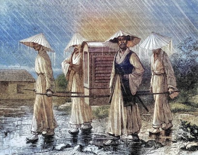 Palanquin bearer, palanquin bearer, in Korea, coloured wood engraving, reproduction of an original
