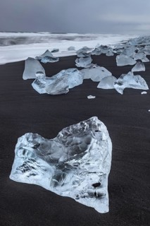 Ice floes, beach, sea, waves, cloudy, Diamond Beach, Breidamerkursandur, Jökulsarlon, Iceland