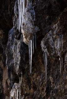 Icicles hanging on a rock face, winter, Salzkammergut, Austria