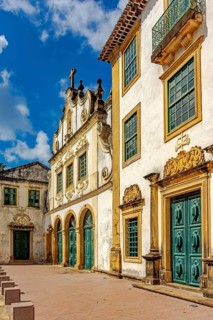 Front view of a historic church in Baroque style in the city of Olinda in Pernambuco, Brazil,