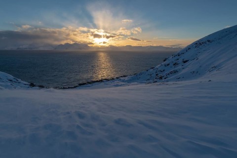 View from Söröya across the Norwegian Sea to Loppa, Finnmark, Norway, February 2019