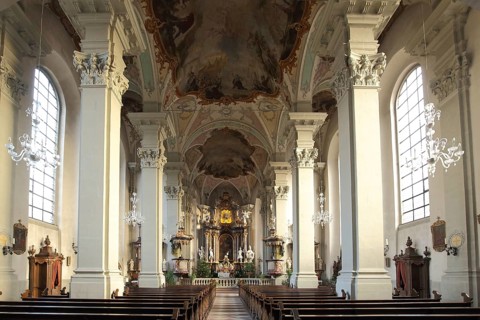 Late baroque St. Gangolf church with frescoes, ceiling paintings and decorations, interior view,