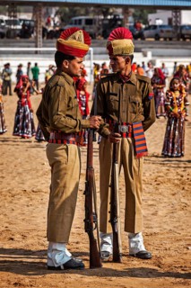 PUSHKAR, INDIA, NOVEMBER 21, 2012: Indian policemen in full dress at Pushkar Mela (Camel Fair) in