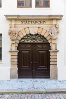 Historical portal of the city archive on Herderstraße, Freiberg, Saxony, Germany