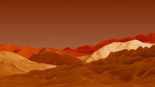 A 3D render depicts a warm color palette with rolling desert terrain and distant dune formation. A
