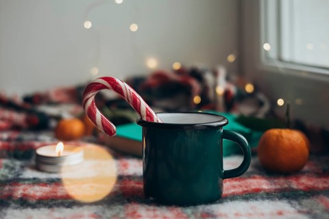 Cozy Christmas scene featuring a green mug with a candy cane on a plaid blanket, surrounded by a