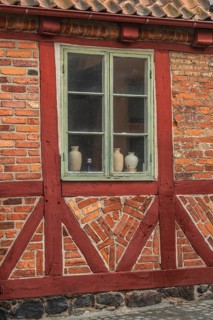 Window in old half-timbered house in Ystad's historic city center, Skåne County, Sweden,