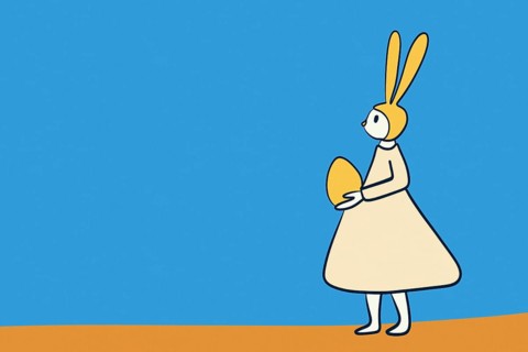 A charming illustration of an Easter bunny in a dress, holding a large egg against a simple blue