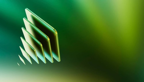 This image features a modern 3D render of symmetrical green layers in geometric shapes, set against