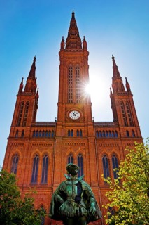 Neo-Gothic Market Church with statue of William I of Nassau, Wiesbaden, Hesse, Germany
