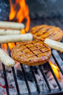 Meat on the grill with fire in summer, Vegetarian, Meat substitute