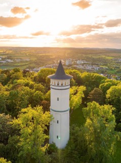 An elegant tower in the evening sunlight, surrounded by lush green forest, Engelberg Tower,