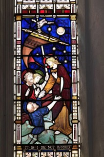 Church of Saint Gregory, Jesus calming the storm, stained glass window, Hemingstone, Suffolk,