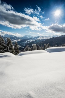 Snow-covered winter landscape, above Flims and Laax, view of the Vorderrheintal, Canton of
