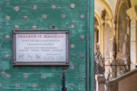 Entrance to the historic St. Sebastian cemetery in Salzburg, Austria