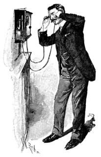 Man at the telephone, Berlin, 19th century, telephone, wall, apparatus, technology, invention,